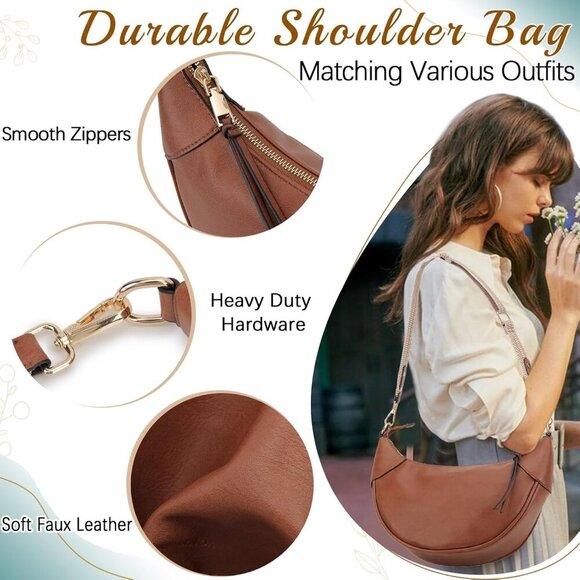 Women Shoulder Bag Faux Leather Small Crescent Crossbody Purse Zipper - Picture 2 of 4